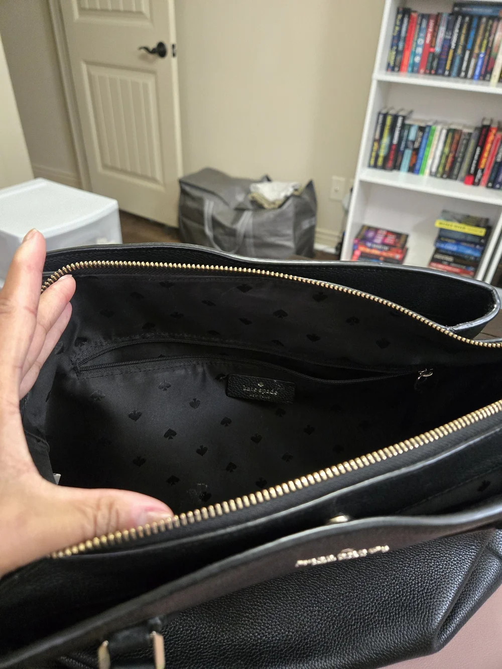 kate spade black pebbled leather satchel with gold logo